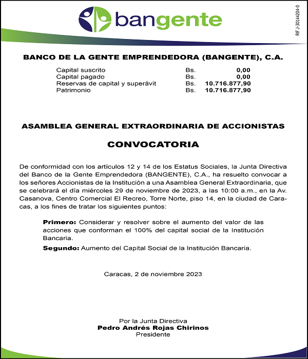 Convocatoria Asamblea Extraordinaria De Accionistas Bangente